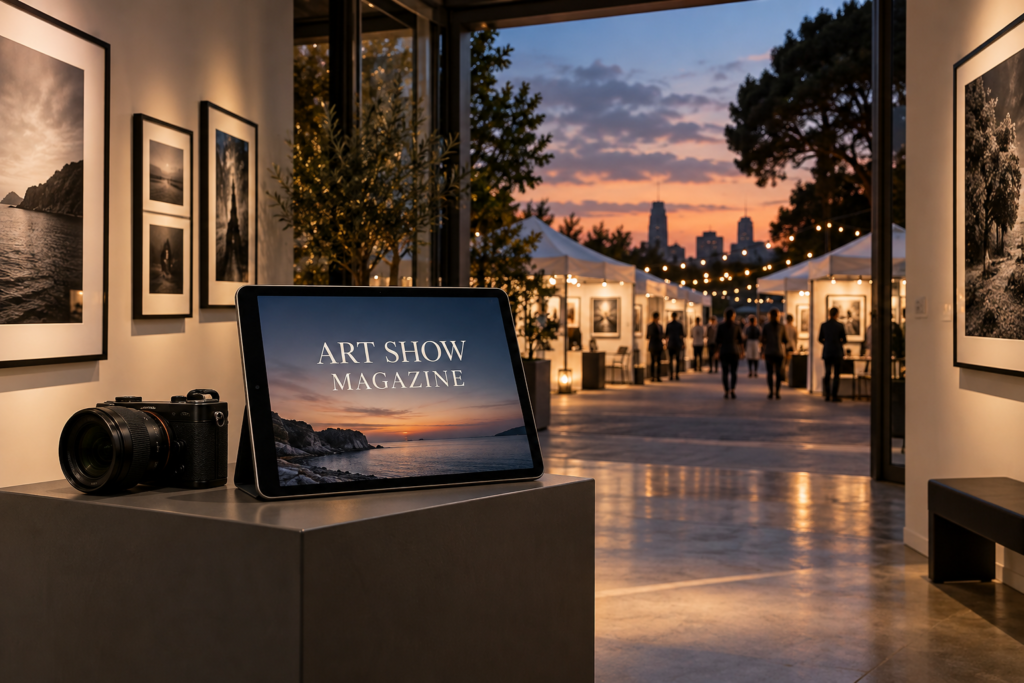 Tablet displaying Art Show Magazine beside a mirrorless camera in a gallery opening onto an evening art fair.