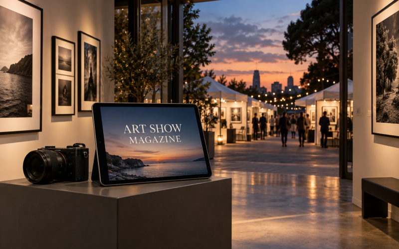 Tablet displaying Art Show Magazine beside a mirrorless camera in a gallery opening onto an evening art fair.