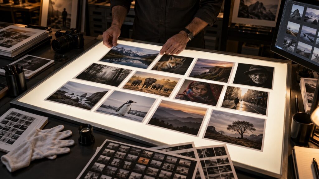 Photo editor sequencing twelve photographs on an illuminated light table