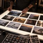 Photo editor sequencing twelve photographs on an illuminated light table