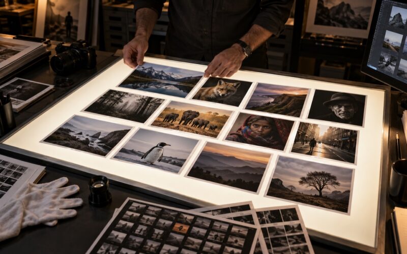 Photo editor sequencing twelve photographs on an illuminated light table