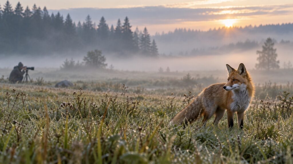 Wild fox calmly observed from a safe distance by a wildlife photographer