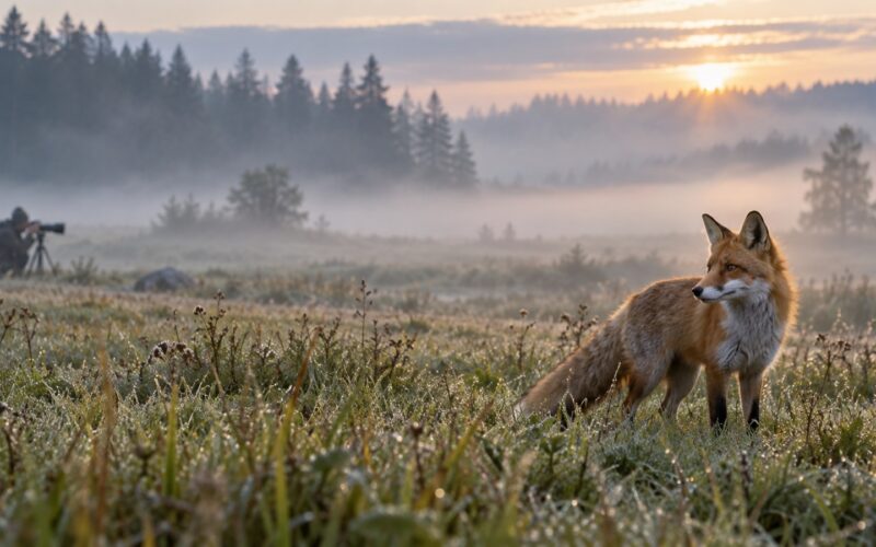 Wild fox calmly observed from a safe distance by a wildlife photographer