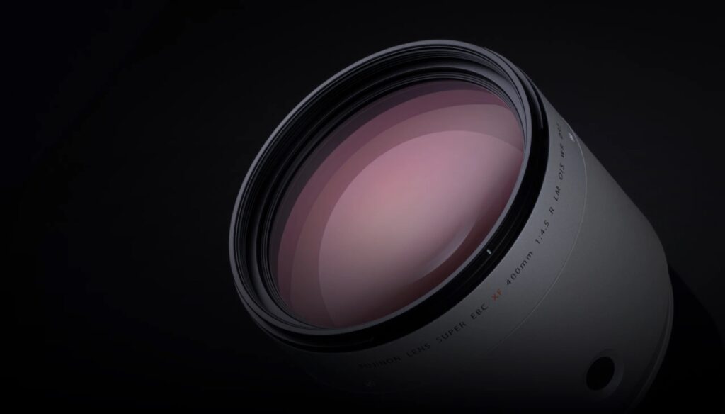 Close view of the Fujinon XF400mm F4.5 super-telephoto lens and front element