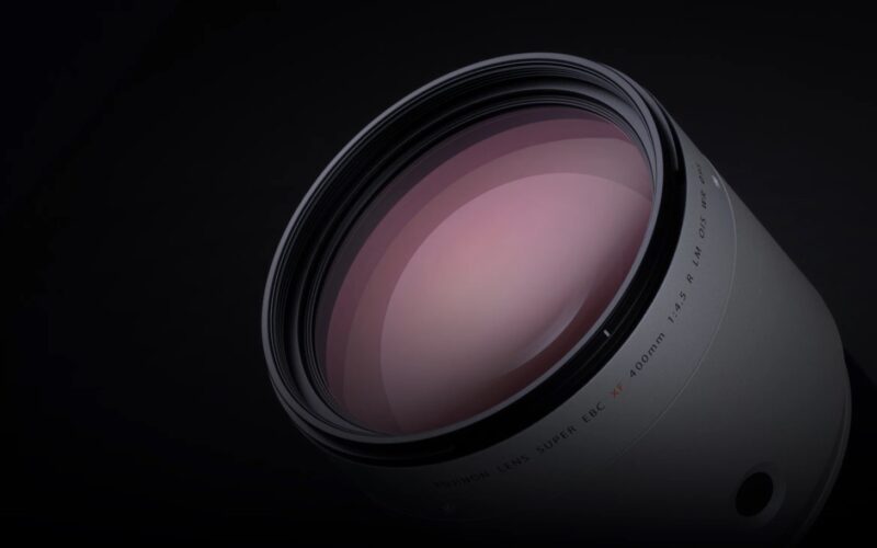 Close view of the Fujinon XF400mm F4.5 super-telephoto lens and front element