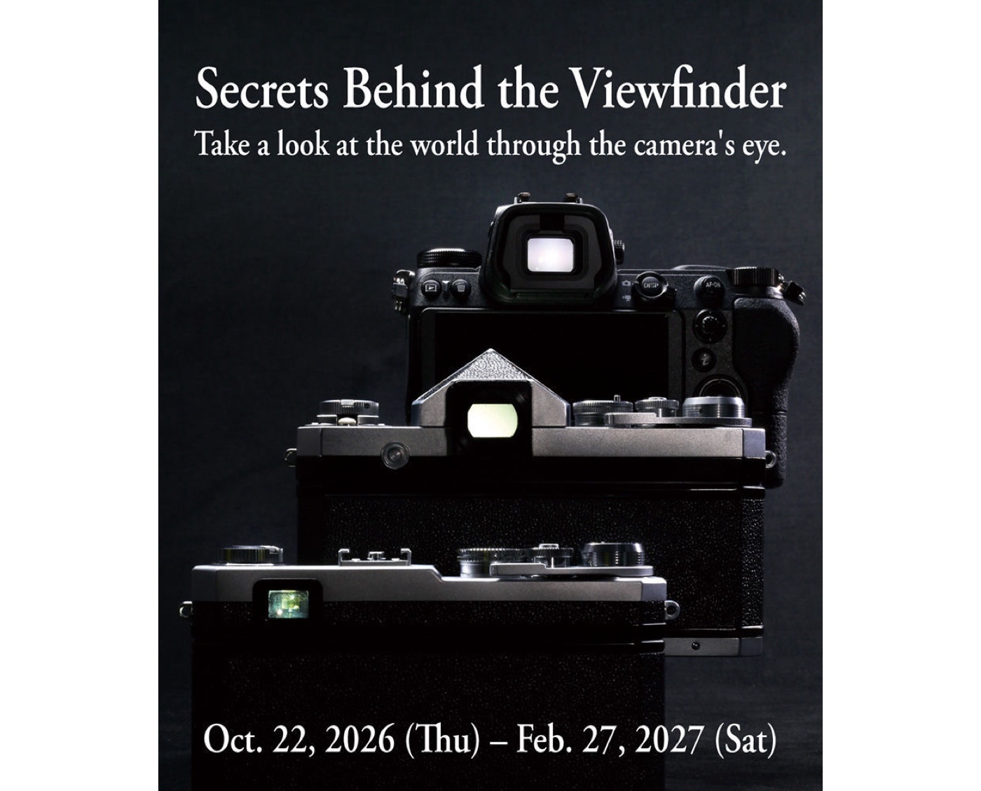 Nikon Museum exhibition poster showing three generations of camera viewfinders
