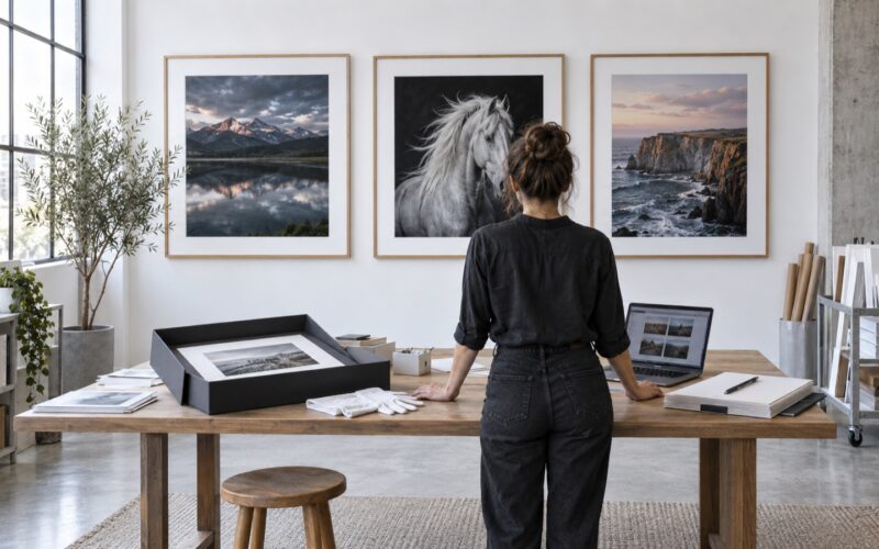 Photographer preparing framed prints and a portfolio for a juried gallery show