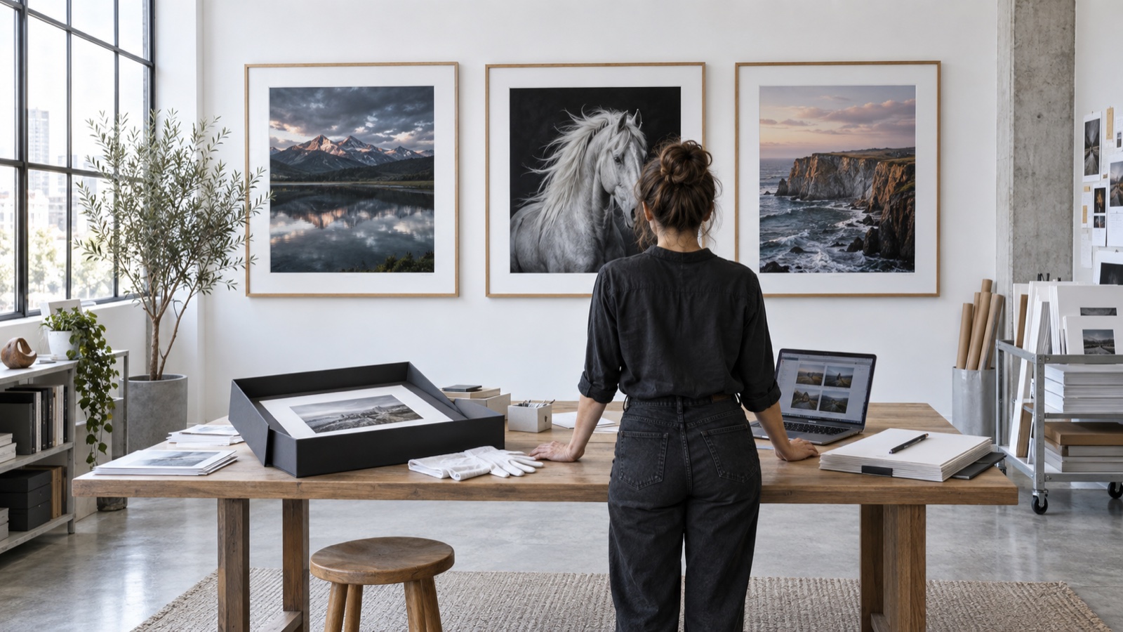 Photographer preparing framed prints and a portfolio for a juried gallery show