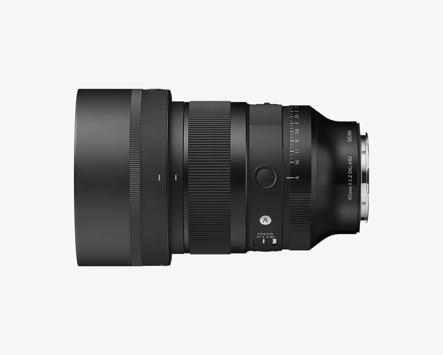 Side view of the Sigma 85mm F1.2 DG Art lens with lens hood attached