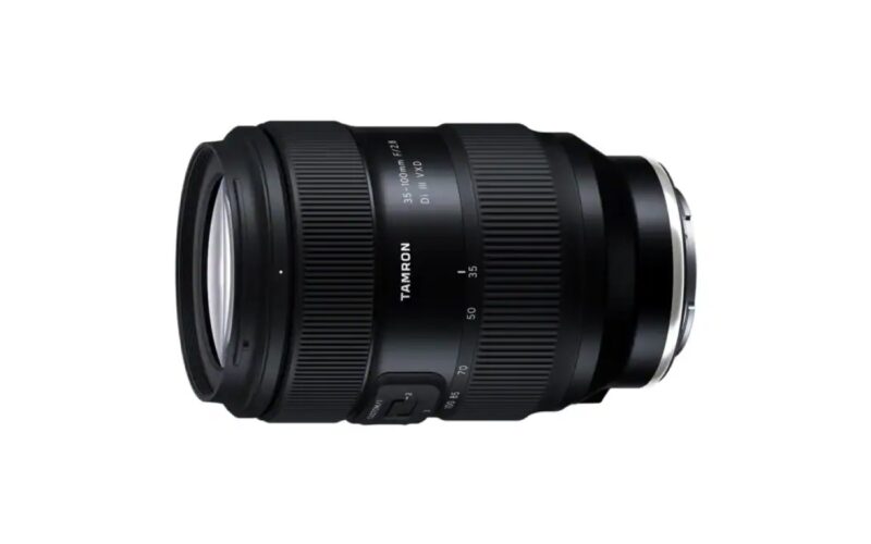 Tamron 35–100mm F2.8 Di III VXD zoom lens shown from an angled side view