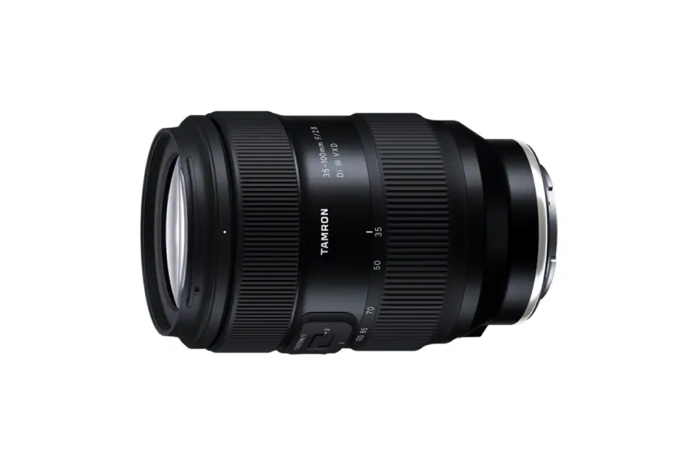 Tamron 35–100mm F2.8 Di III VXD zoom lens shown from an angled side view