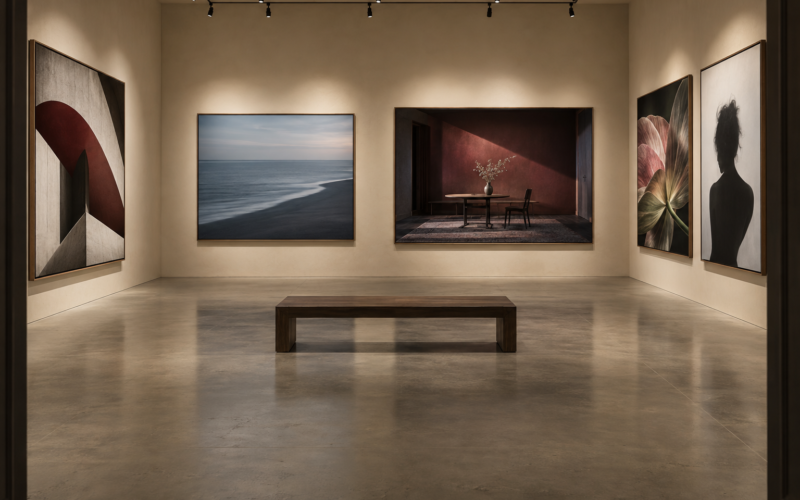 Contemporary gallery displaying five distinct photographic artworks under warm track lighting.