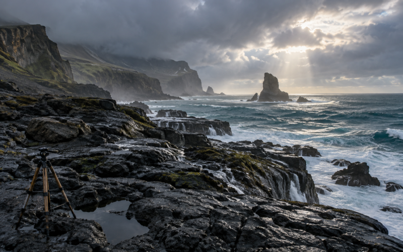 Wooden tripod overlooking a storm-lit rocky coastline and sea stacks after rain.