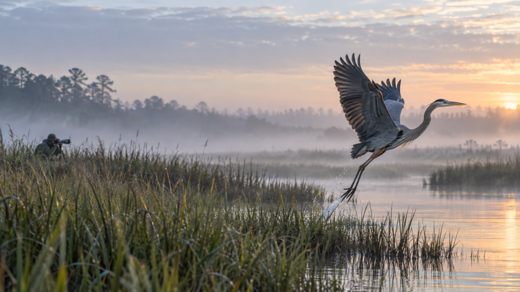 Great blue heron taking flight over a misty marsh as a distant photographer works quietly from the reeds.