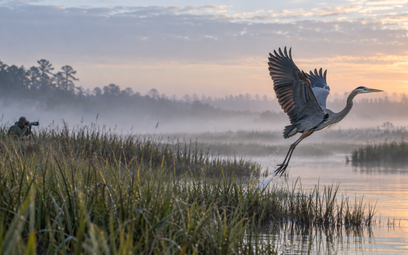 Great blue heron taking flight over a misty marsh as a distant photographer works quietly from the reeds.
