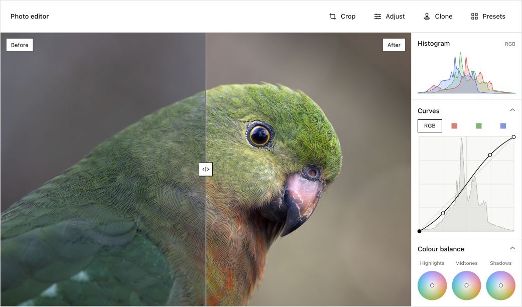 ISO100 photo editor showing a green parrot before and after adjustments, with histogram, curves and colour balance controls.