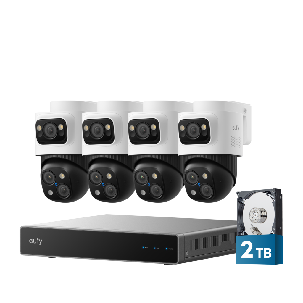 eufy S4 Max PoE security kit with four triple-lens cameras, a recorder and a hard drive marked 2TB.