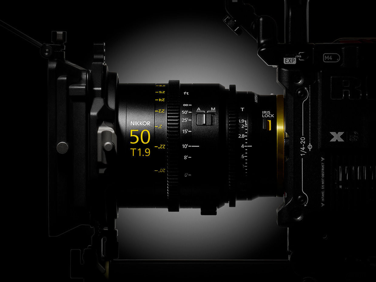 Nikon development image of the NIKKOR Z CINEMA 50mm T1.9 VV lens between cinema camera components.
